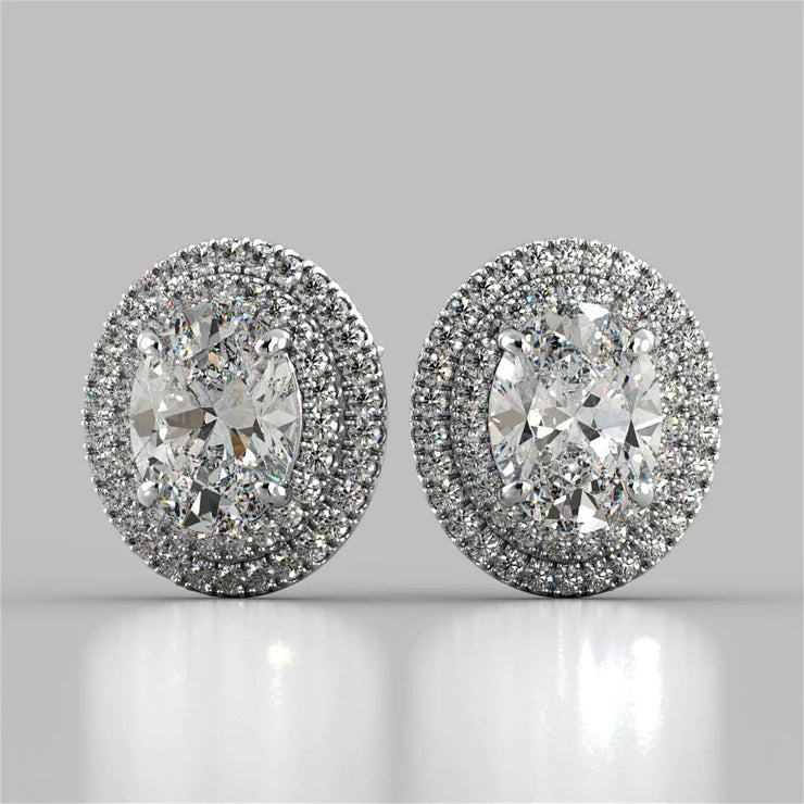5 Carats Prong Set Oval Double Halo Real Diamond Stud Earring White Gold