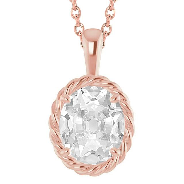 5 Carats Solitaire Real Diamond Slide Pendant Oval Old Miner With Chain