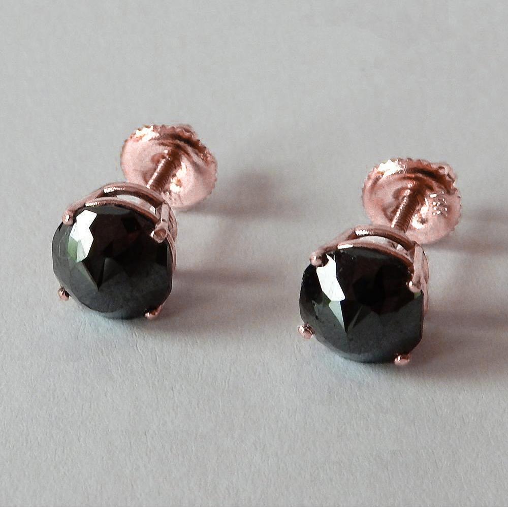 5 Carats Stud Earrings Cushion Natural Black Diamonds Rose Gold 14K Finish