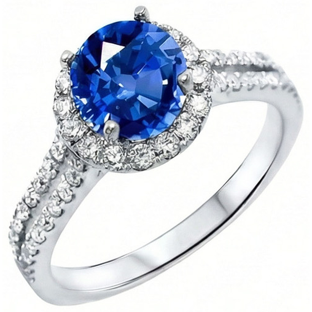 5 Ct Round Ceylon Sapphire With Natural Earth Mined DIAMOND ( NOT LAB GROWN )s Ring White Gold 14K