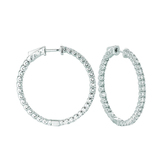 5 Pointer Hoop Earrings/Patented Snap Lock 3.25 Carats Real Diamond 14K White
