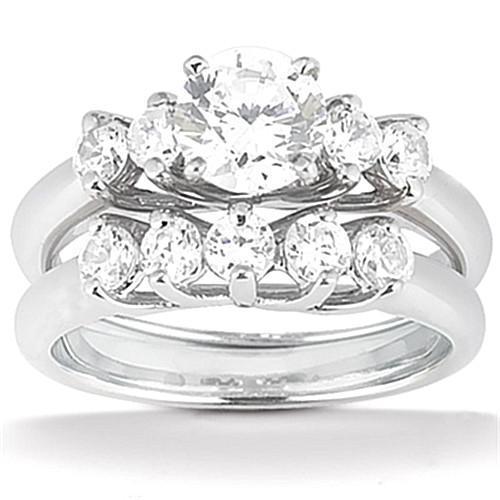5 Stone Trellis Real Diamond Engagement Ring Band Set 1.85 Carat WG 14K