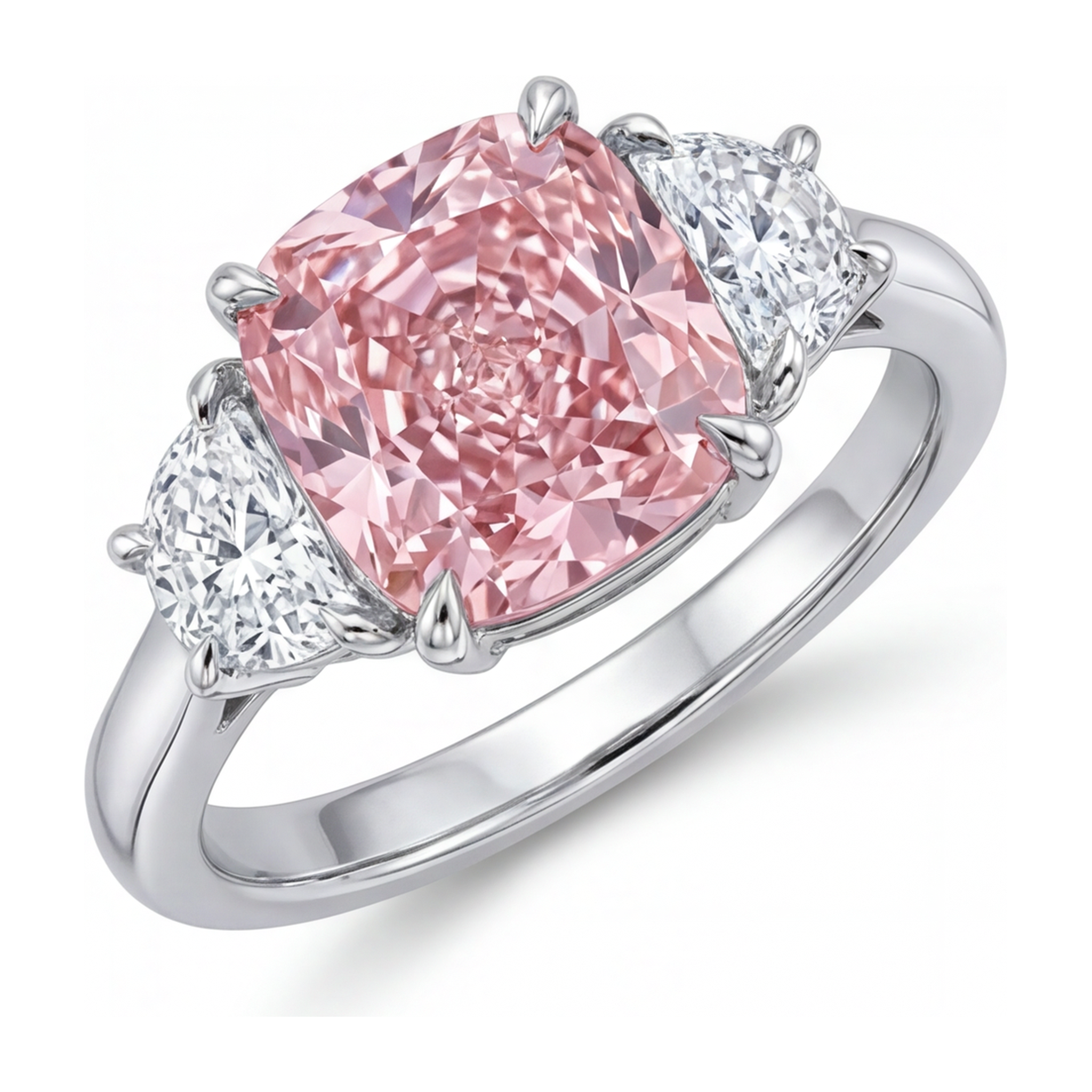 Pink Diamond Ring 5 Carat Lab Grown Cushion Three Stone 14K White Gold