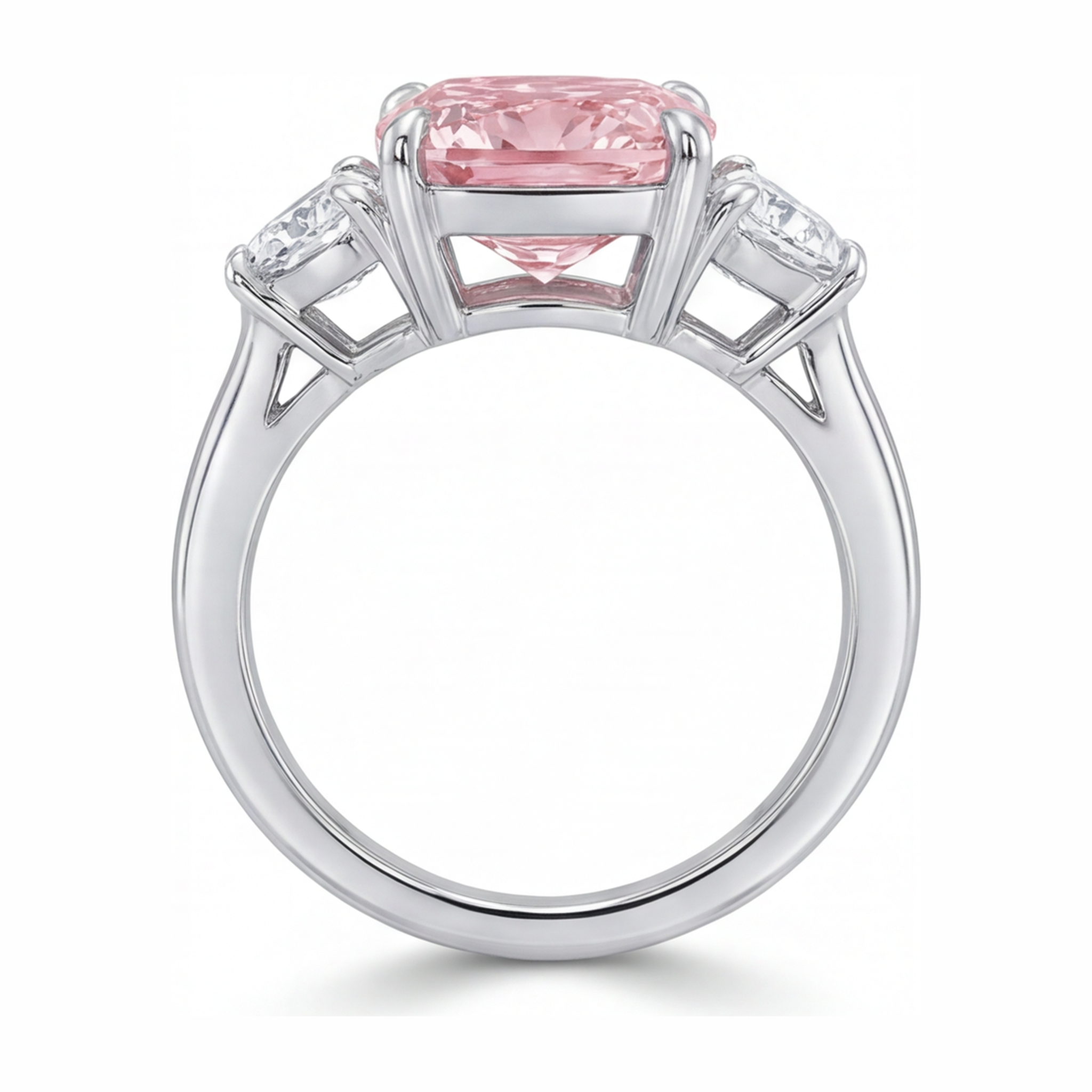 Pink Diamond Ring 5 Carat Lab Grown Cushion Three Stone 14K White Gold