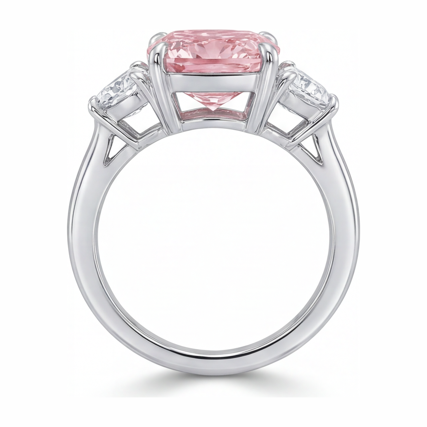 Pink Diamond Ring 5 Carat Lab Grown Cushion Three Stone 14K White Gold