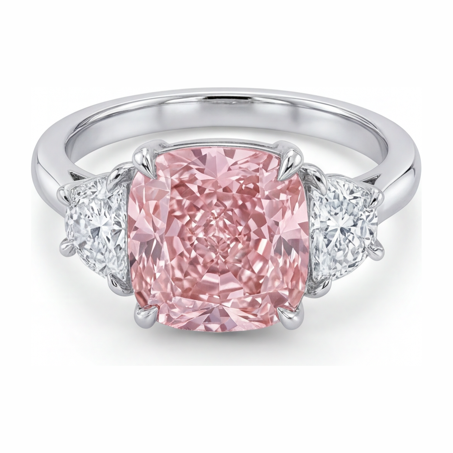 Pink Diamond Ring 5 Carat Lab Grown Cushion Three Stone 14K White Gold