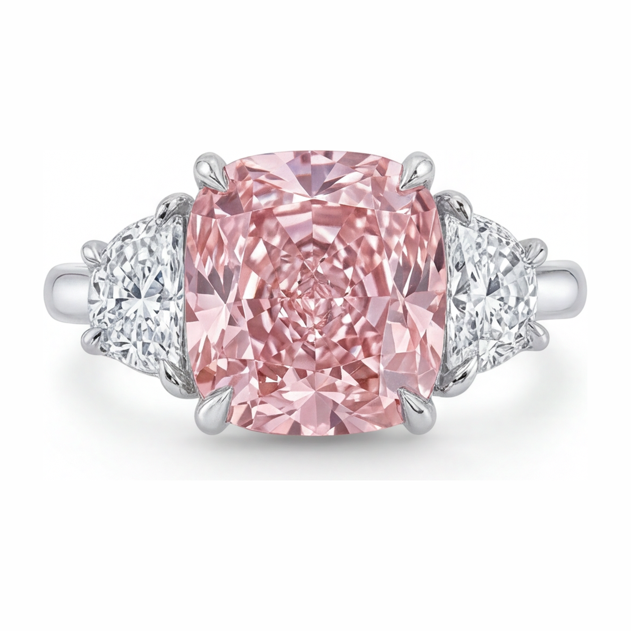 Pink Diamond Ring 5 Carat Lab Grown Cushion Three Stone 14K White Gold