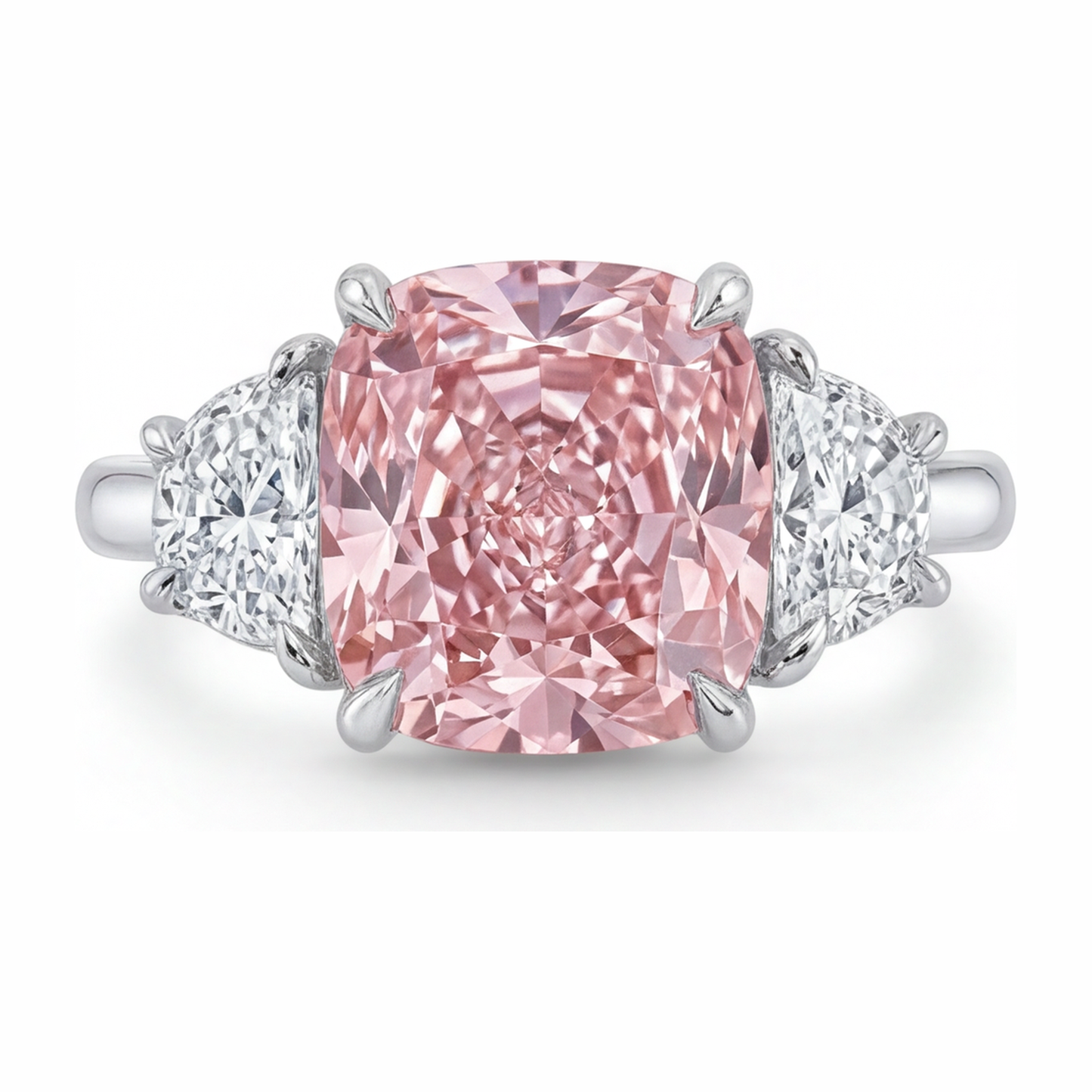 Pink Diamond Ring 5 Carat Lab Grown Cushion Three Stone 14K White Gold