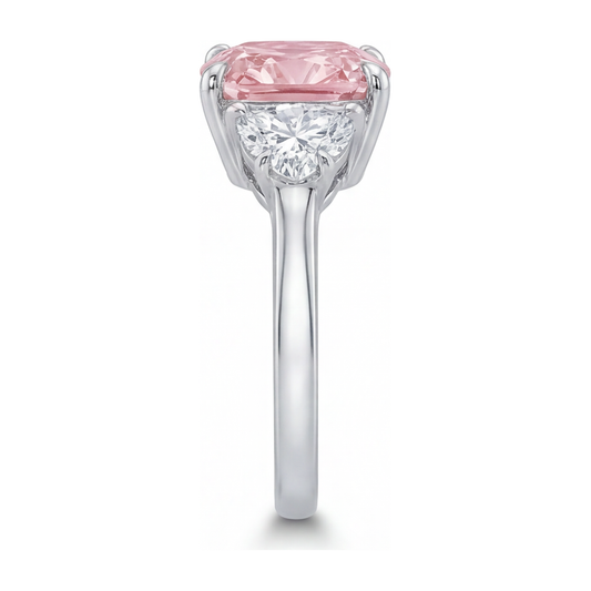 Pink Diamond Ring 5 Carat Lab Grown Cushion Three Stone 14K White Gold