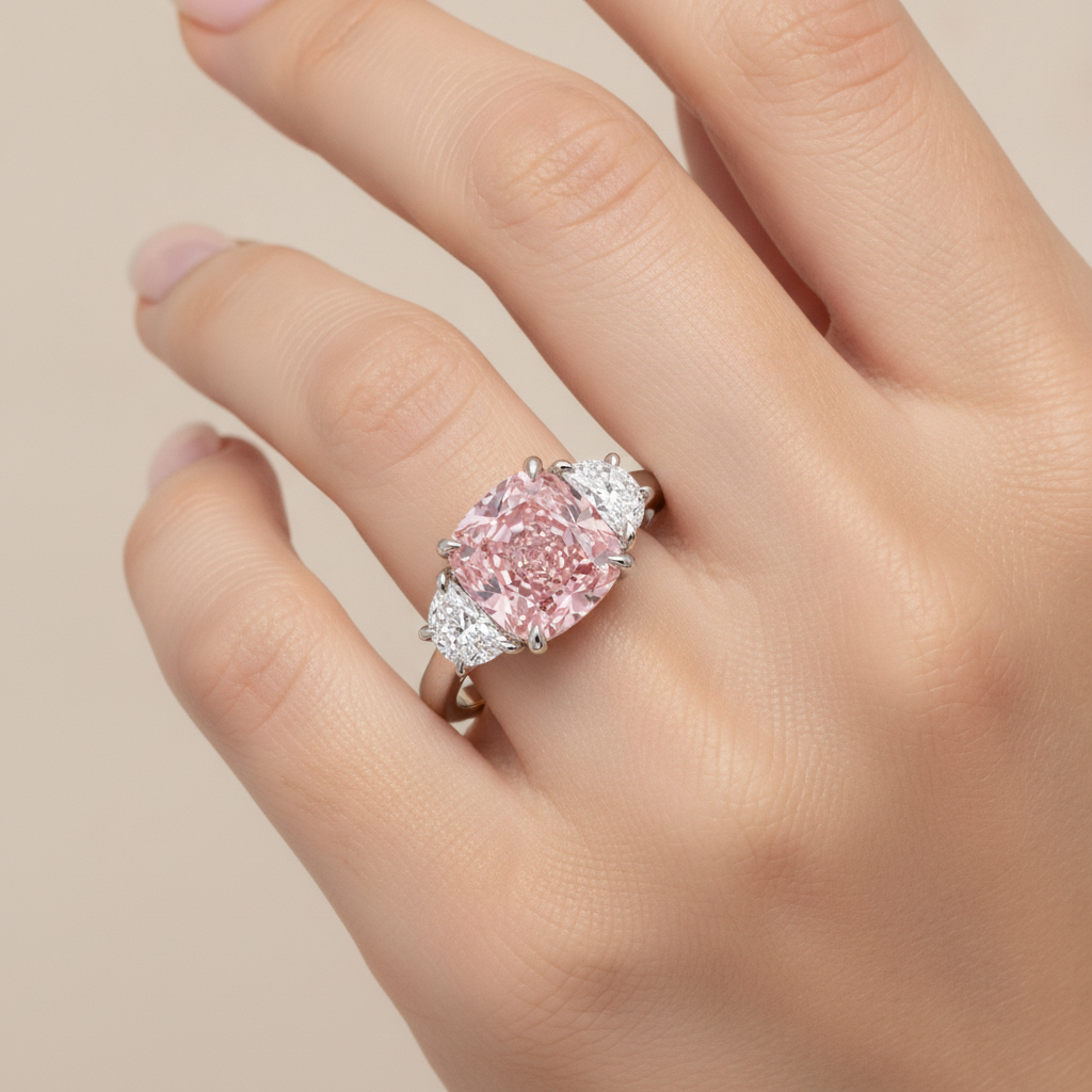 Pink Diamond Ring 5 Carat Lab Grown Cushion Three Stone 14K White Gold