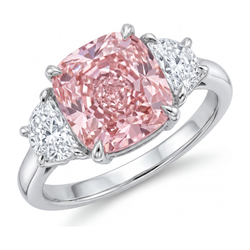Pink Diamond Ring 5 Carat Lab Grown Cushion Three Stone 14K White Gold