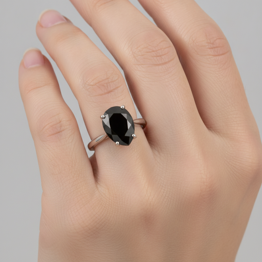 Black Diamond Jewellery 5 Carat Genuine Pear Solitaire Knife Edge Ring 14K White Gold