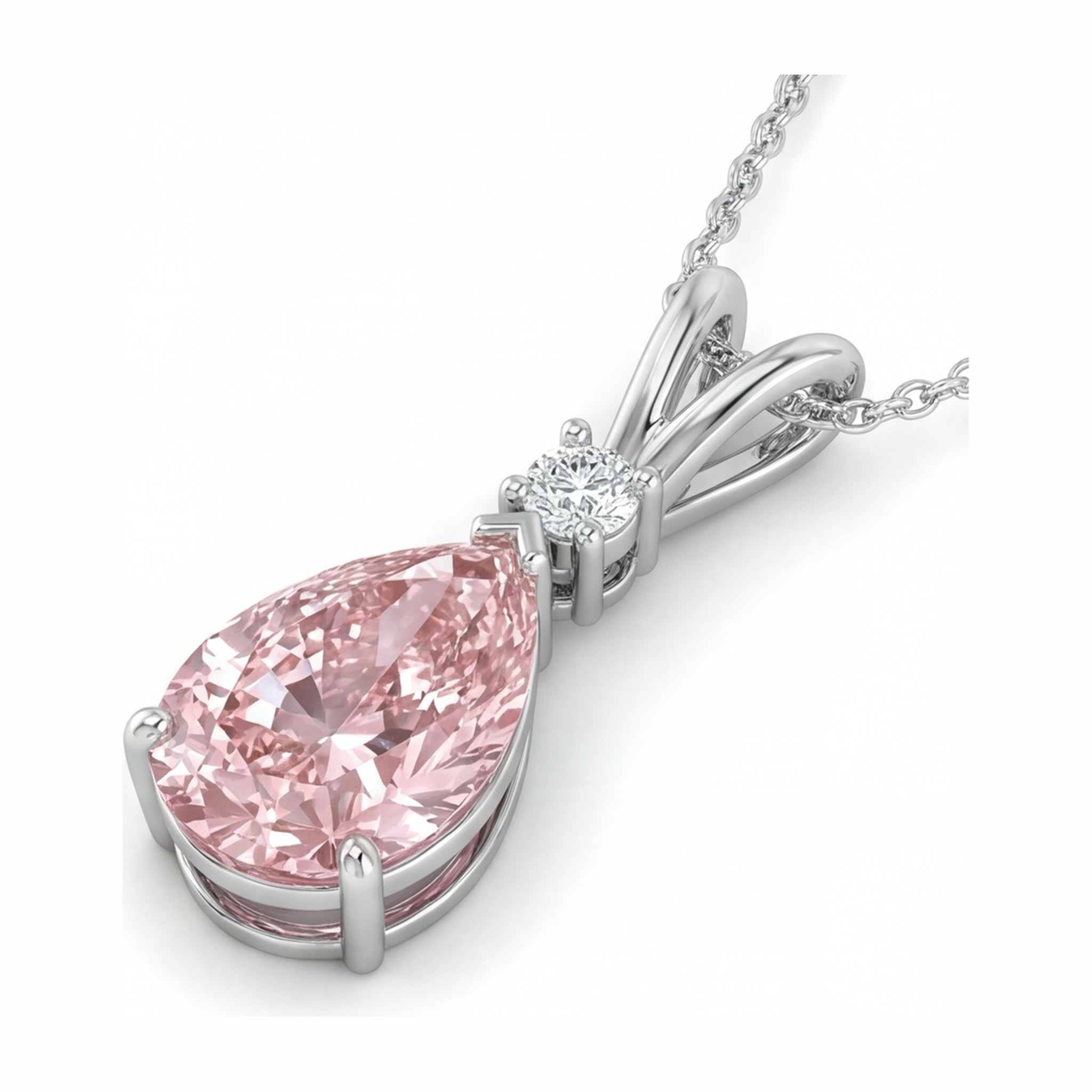 Pink Diamond Necklace 5 Carat Lab Grown Pear Split Shank Solitaire Pendant 14K White Gold