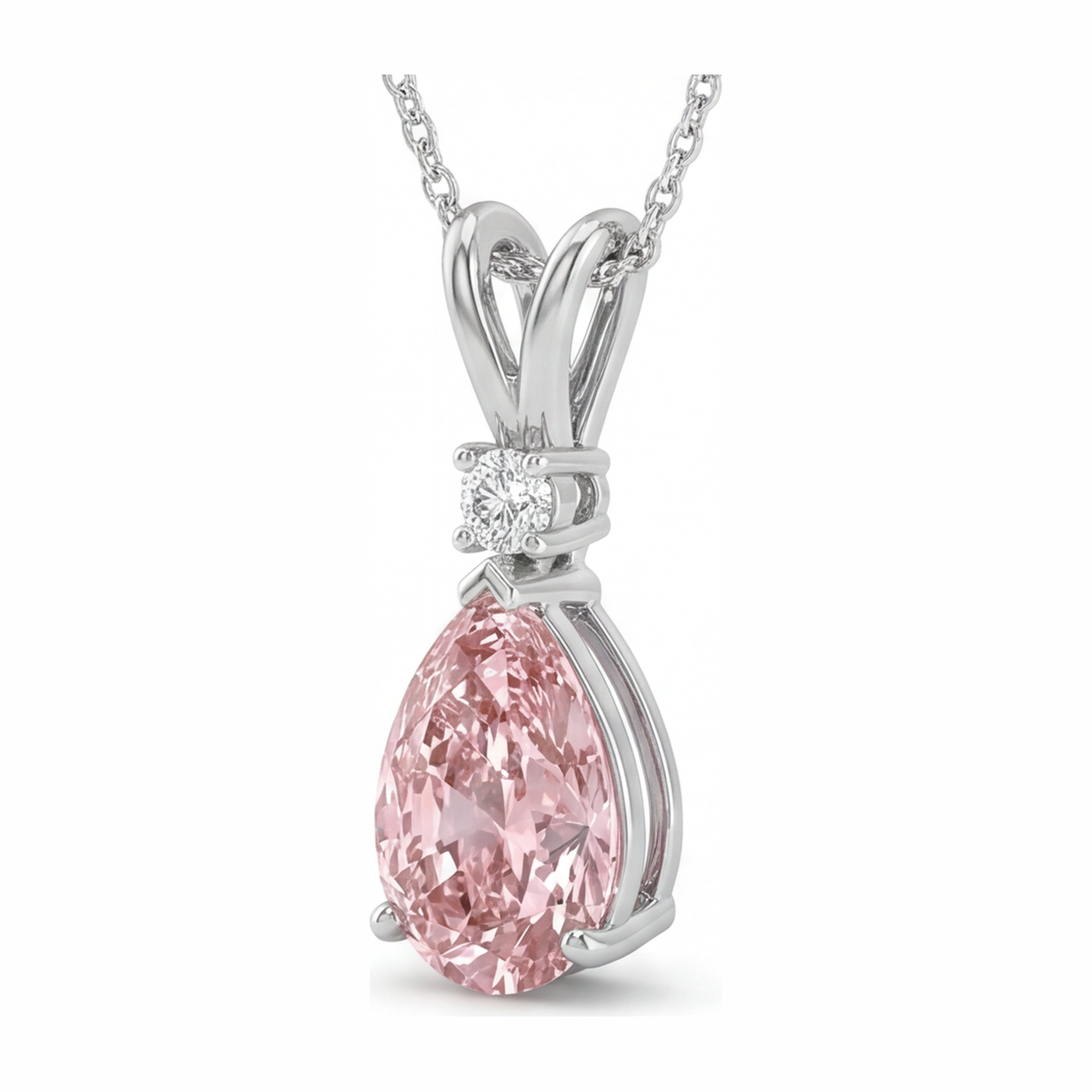 Pink Diamond Necklace 5 Carat Lab Grown Pear Split Shank Solitaire Pendant 14K White Gold