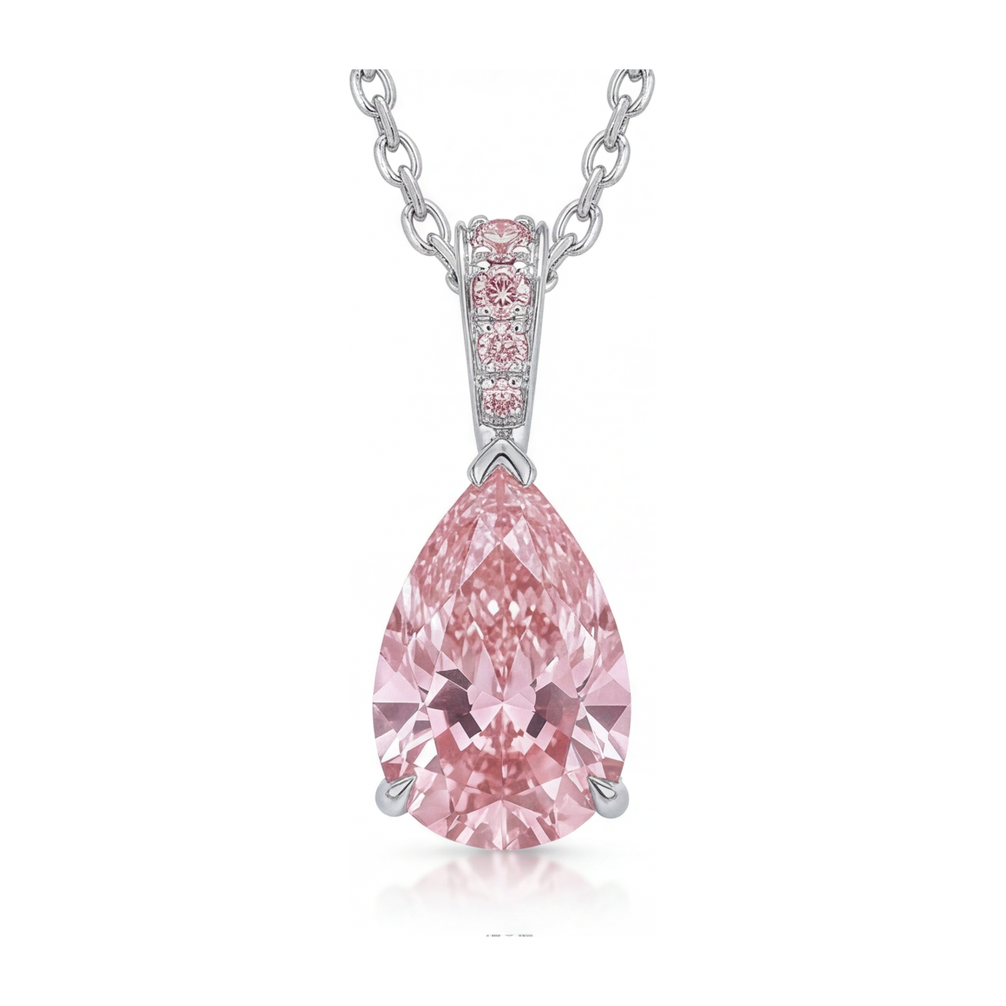 Pink Diamond Pendant Necklace 5 Carat Lab Grown Pear Pave Solitaire 14K White Gold