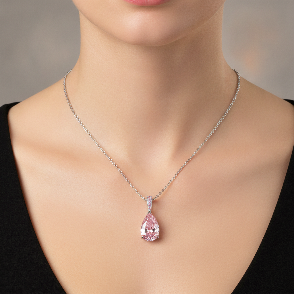 Pink Diamond Pendant Necklace 5 Carat Lab Grown Pear Pave Solitaire 14K White Gold