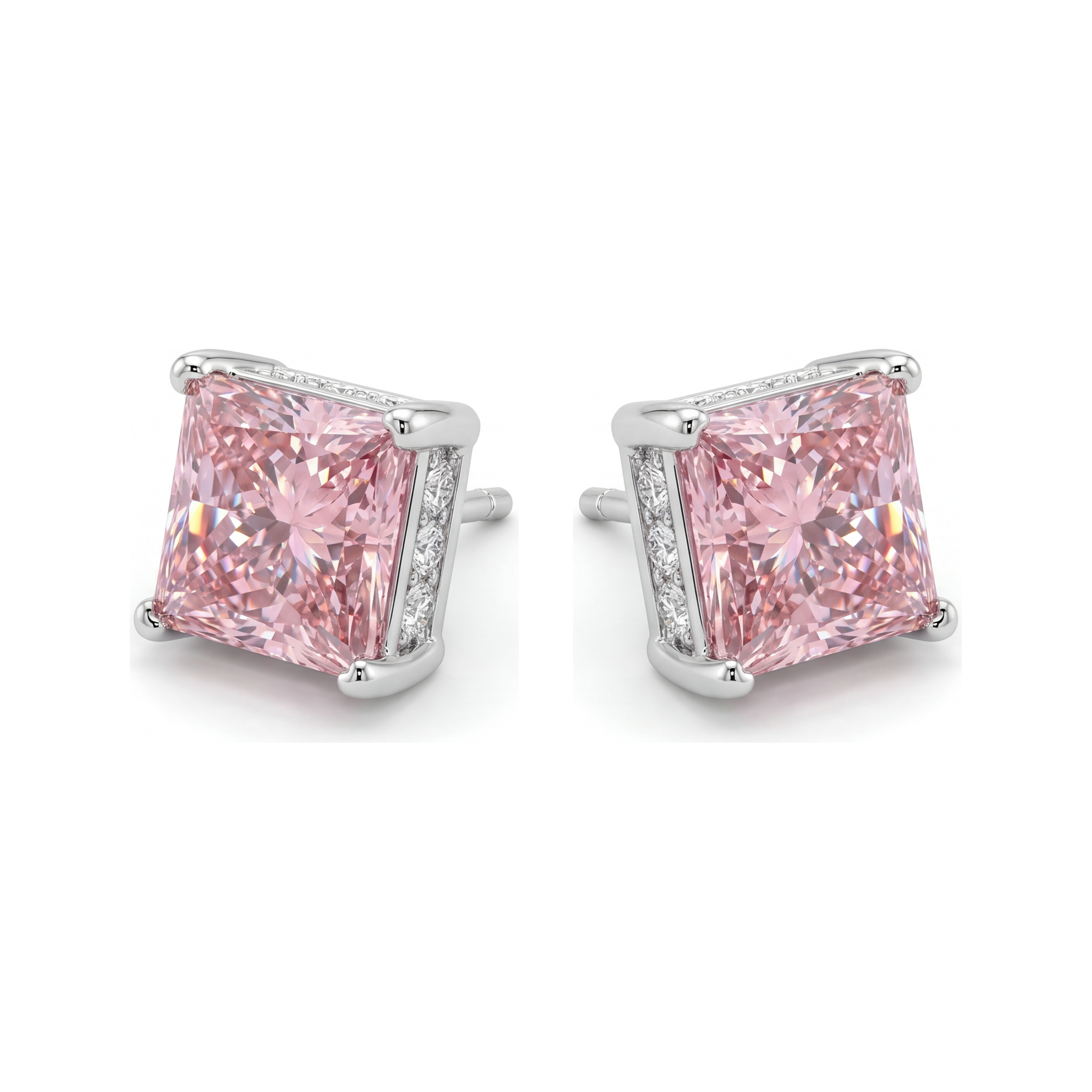 Pink Diamond Earrings 5 Carat Lab Grown Princess Solitaire 14K White Gold