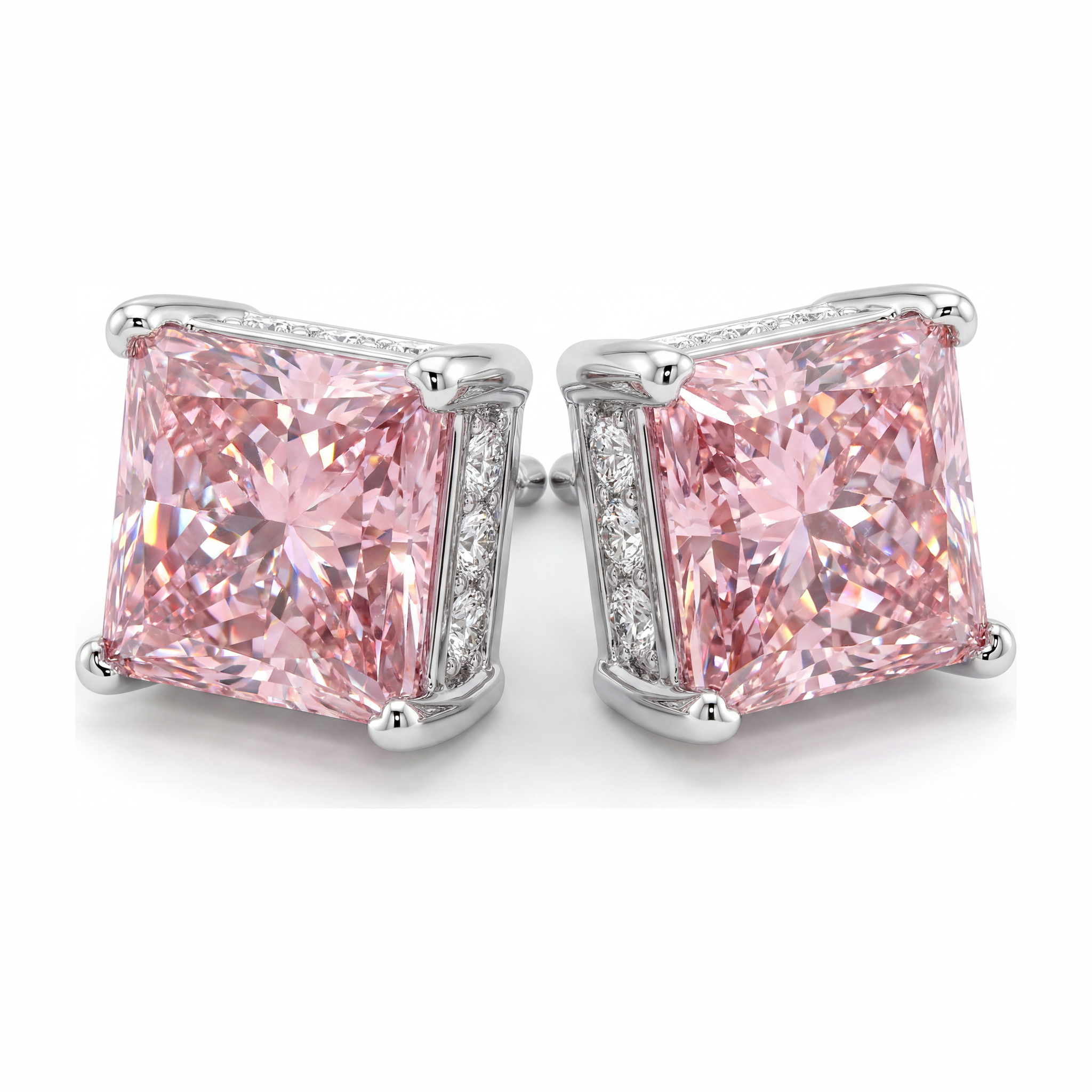 Pink Diamond Earrings 5 Carat Lab Grown Princess Solitaire 14K White Gold