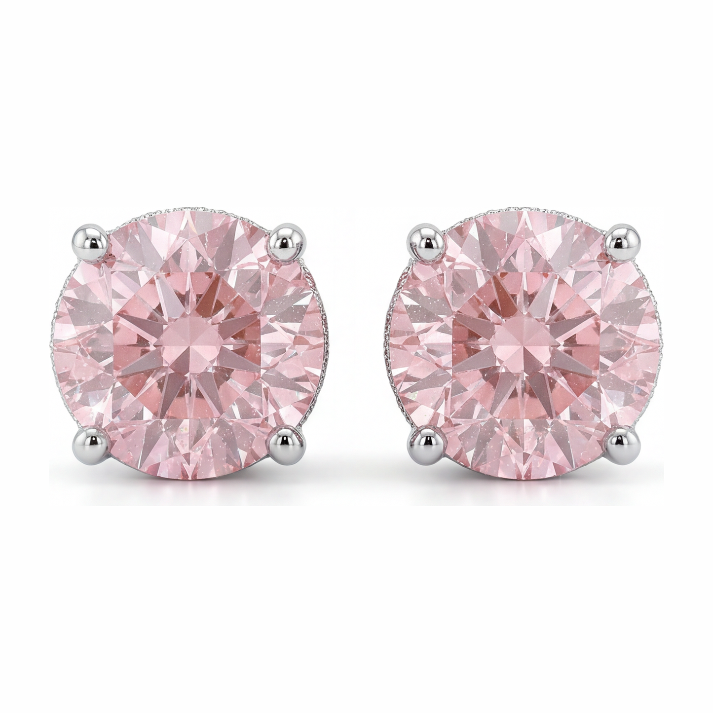 Lab Grown Pink Diamond Earrings 5 Carat Round Hidden Halo 14K White Gold