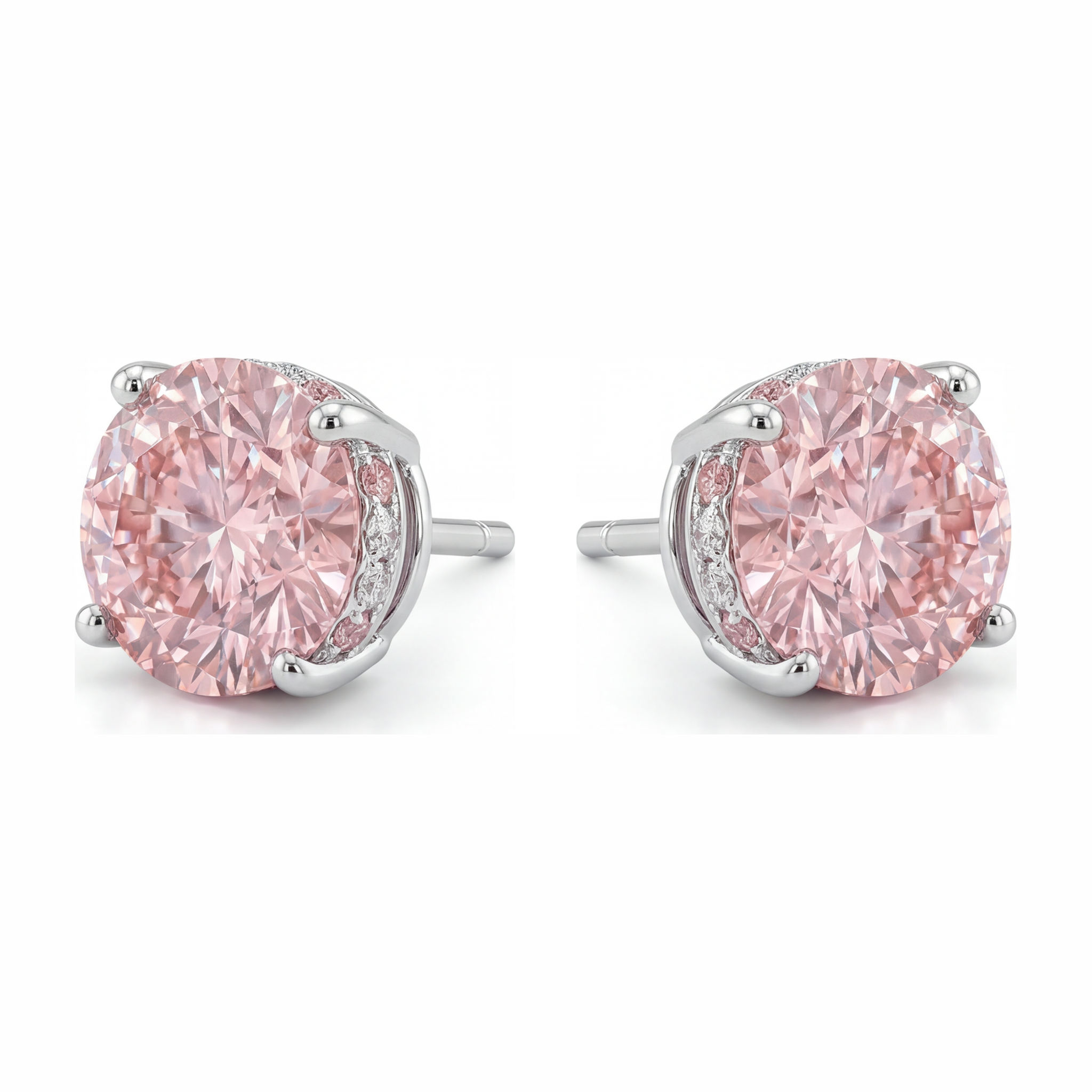 Lab Grown Pink Diamond Earrings 5 Carat Round Hidden Halo 14K White Gold