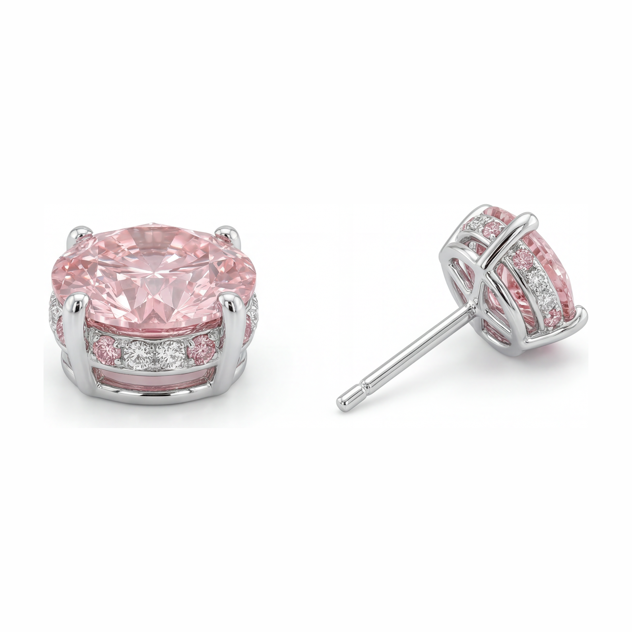Lab Grown Pink Diamond Earrings 5 Carat Round Hidden Halo 14K White Gold
