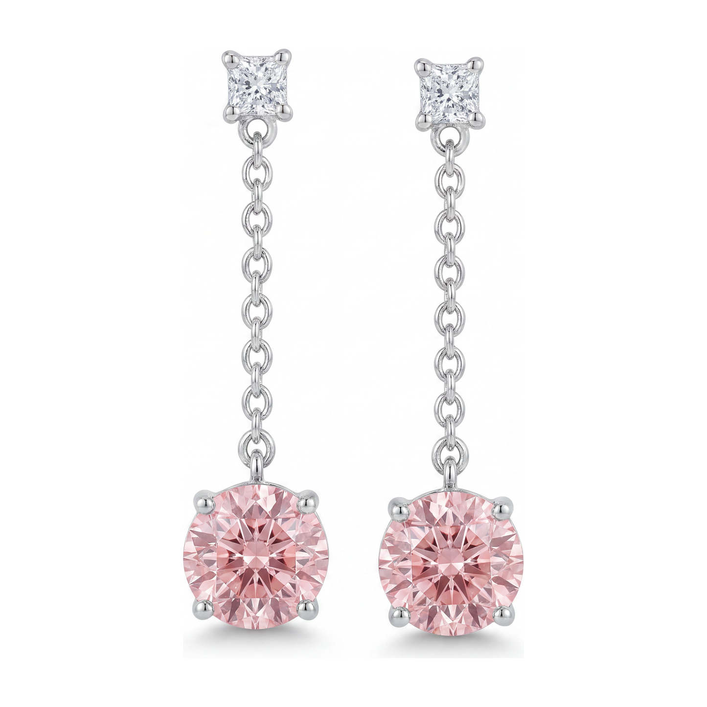 Pink Diamond Earrings 5 Carat Lab Grown Round Solitaire Plain 14K White Gold