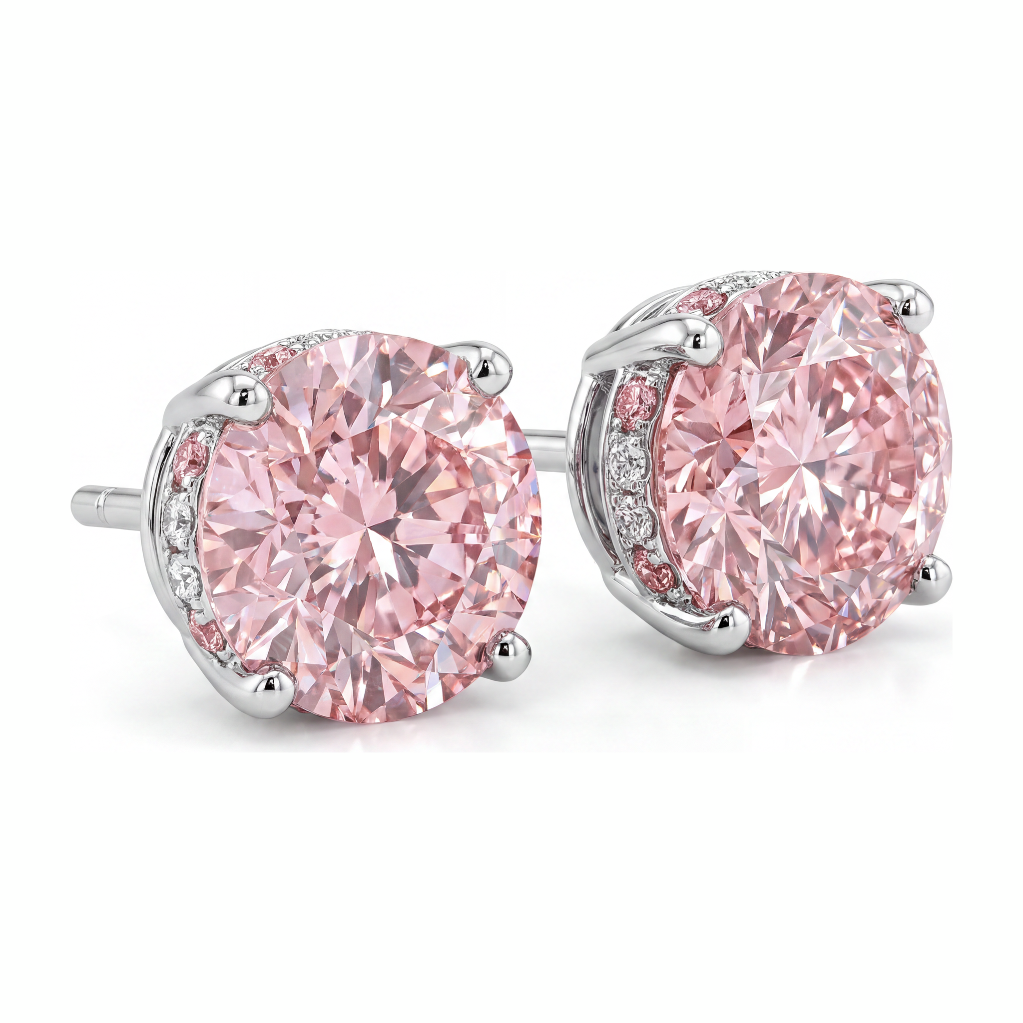 Lab Grown Pink Diamond Earrings 5 Carat Round Hidden Halo 14K White Gold