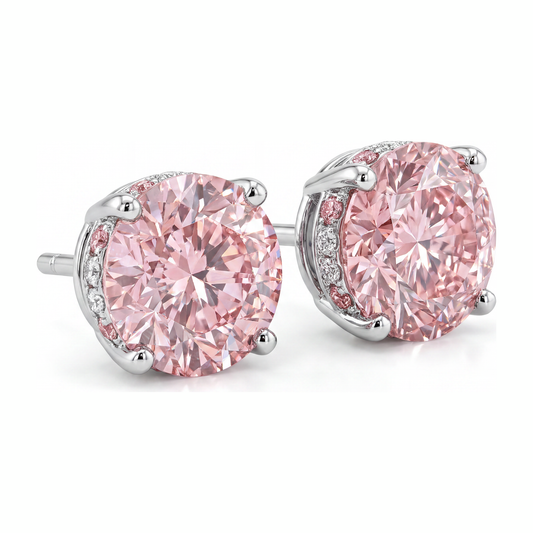 Lab Grown Pink Diamond Earrings 5 Carat Round Hidden Halo 14K White Gold