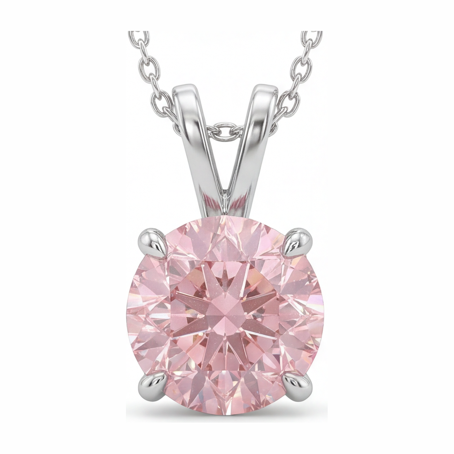 Pink Diamond Necklace 5 Carat Lab Grown Round Solitaire Pendant 14K White Gold