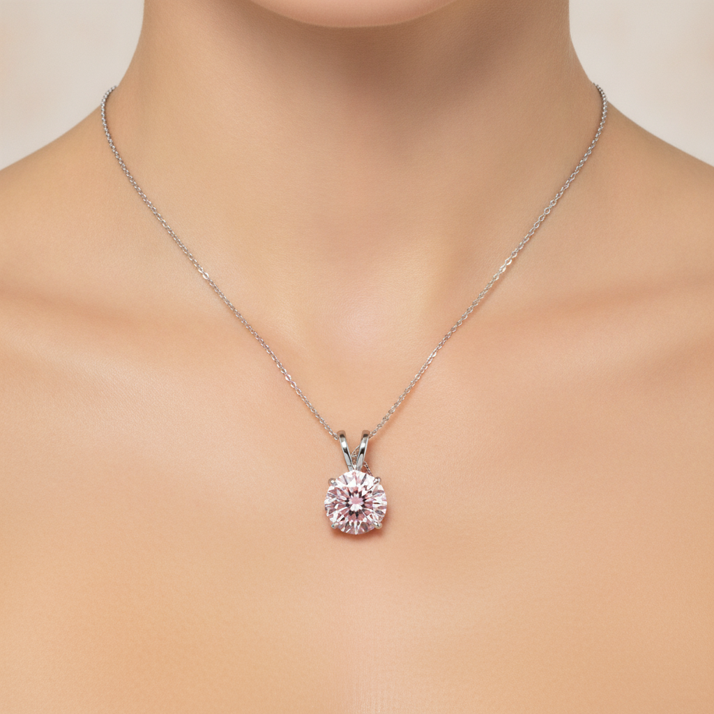 Pink Diamond Necklace 5 Carat Lab Grown Round Solitaire Pendant 14K White Gold