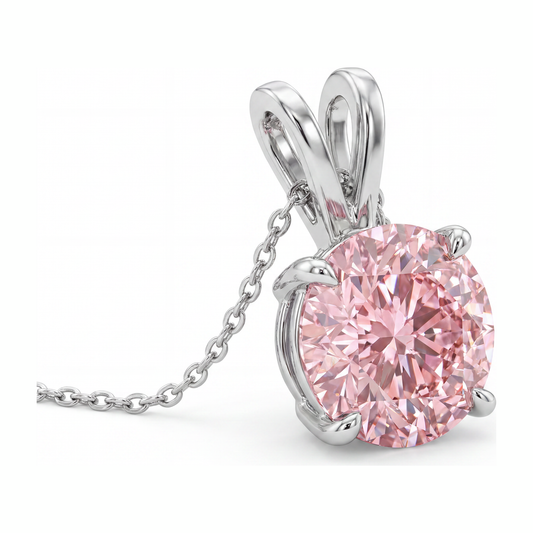 Pink Diamond Necklace 5 Carat Lab Grown Round Solitaire Pendant 14K White Gold
