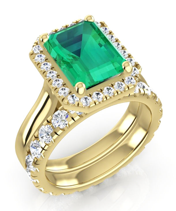 5 Ct Halo Green Emerald Ring Set