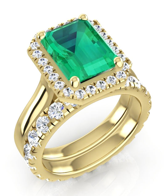 5 Ct Halo Green Emerald Ring Set