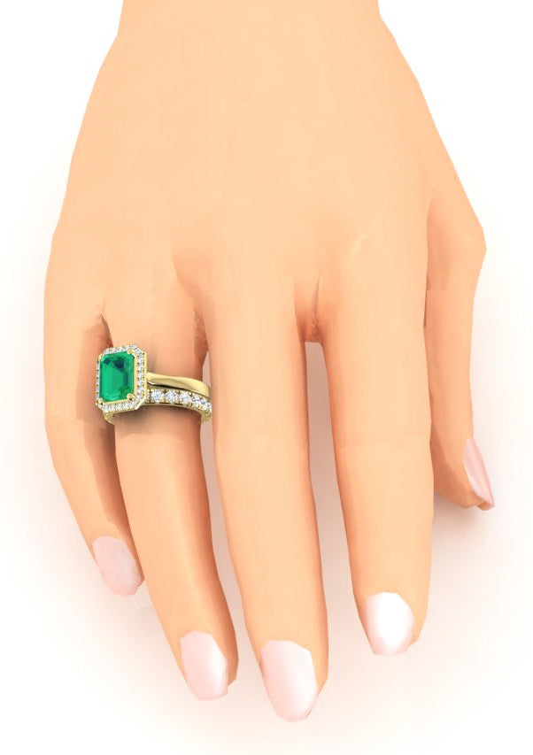 5 Ct Halo Green Emerald Ring Set