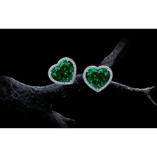5.70 Carats Heart Green Emerald With Diamond Stud Earring 14K White Gold