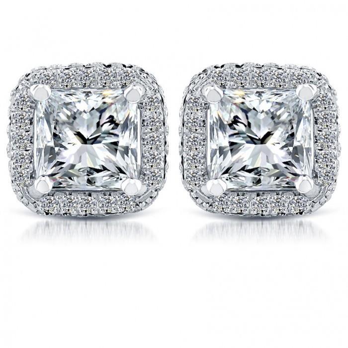 5.70 Carats Real Princess & Round Diamond Stud Earrings White Gold 14K