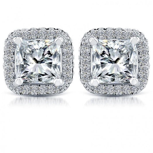 5.70 Carats Real Princess & Round Diamond Stud Earrings White Gold 14K