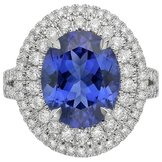 6.15 Carats Oval Tanzanite And Natural Earth Mined Diamonds Wedding Ring White Gold 14K