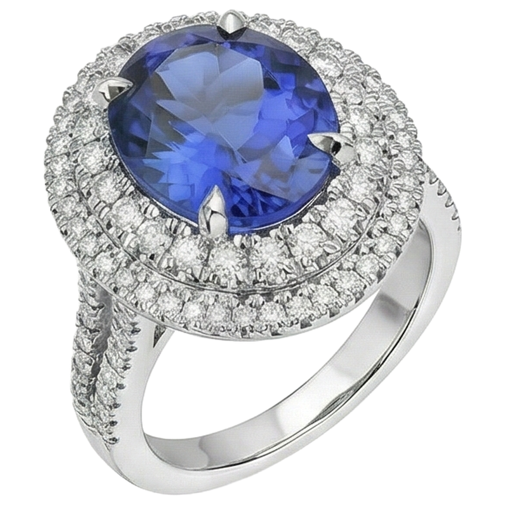 6.15 Carats Oval Tanzanite And Natural Earth Mined Diamonds Wedding Ring White Gold 14K