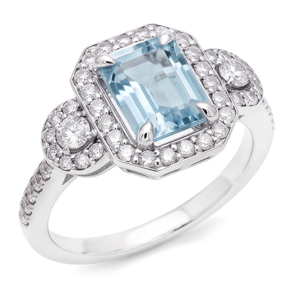 6.25 Ct Emerald Cut Aquamarine And Small Natural Earth Mined Diamonds Ring White Gold