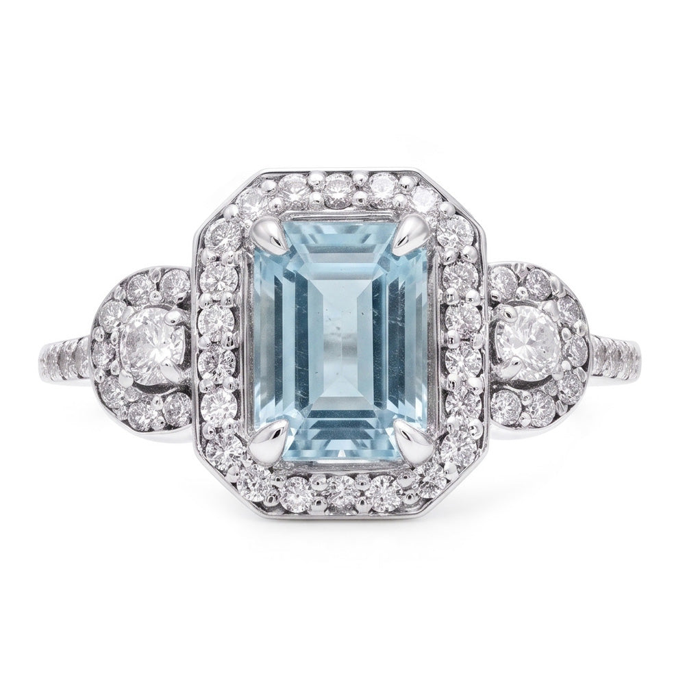 6.25 Ct Emerald Cut Aquamarine And Small Natural Earth Mined Diamonds Ring White Gold