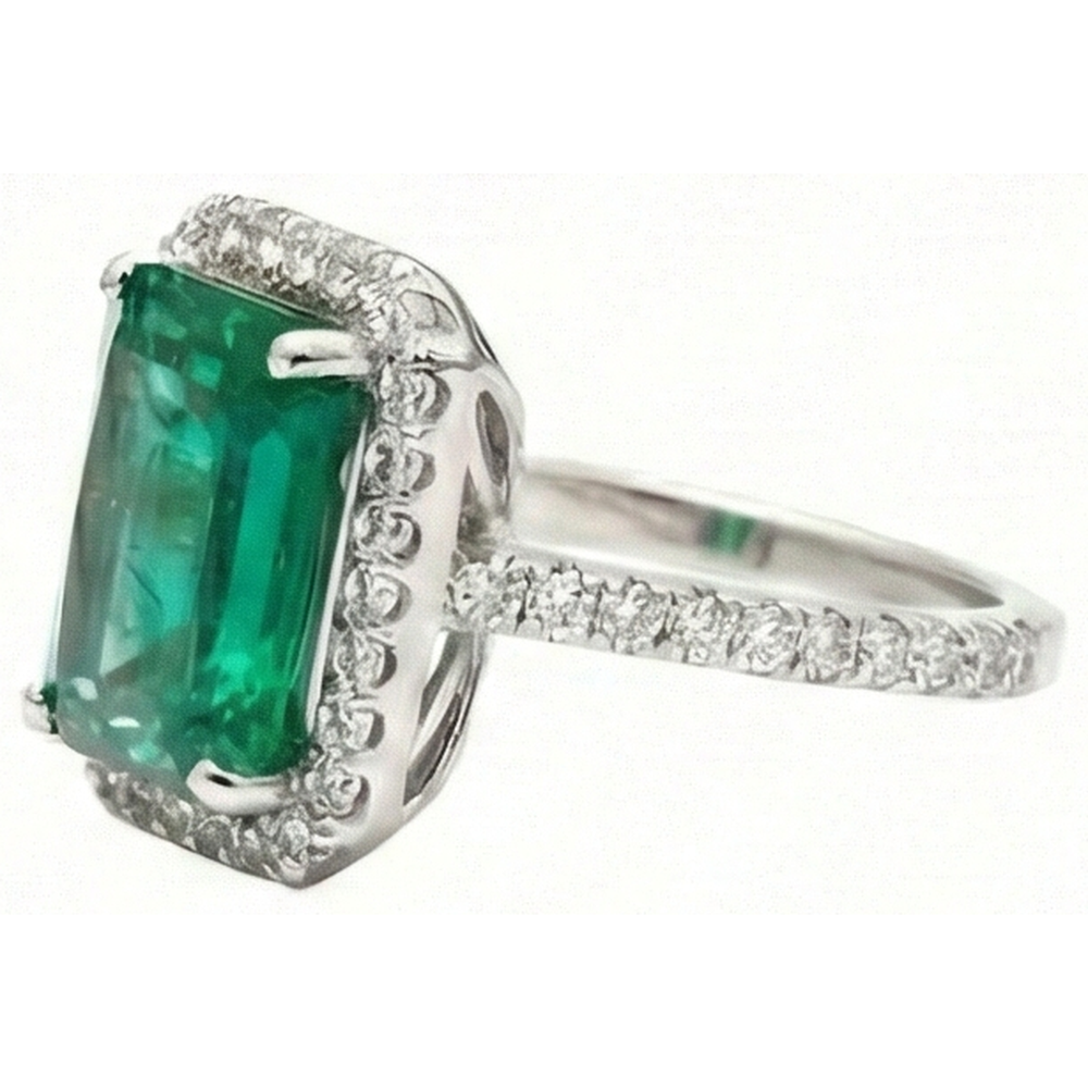 6.50 Carats Emerald Cut Green Emerald With Natural Earth Mined Diamond Wedding Ring