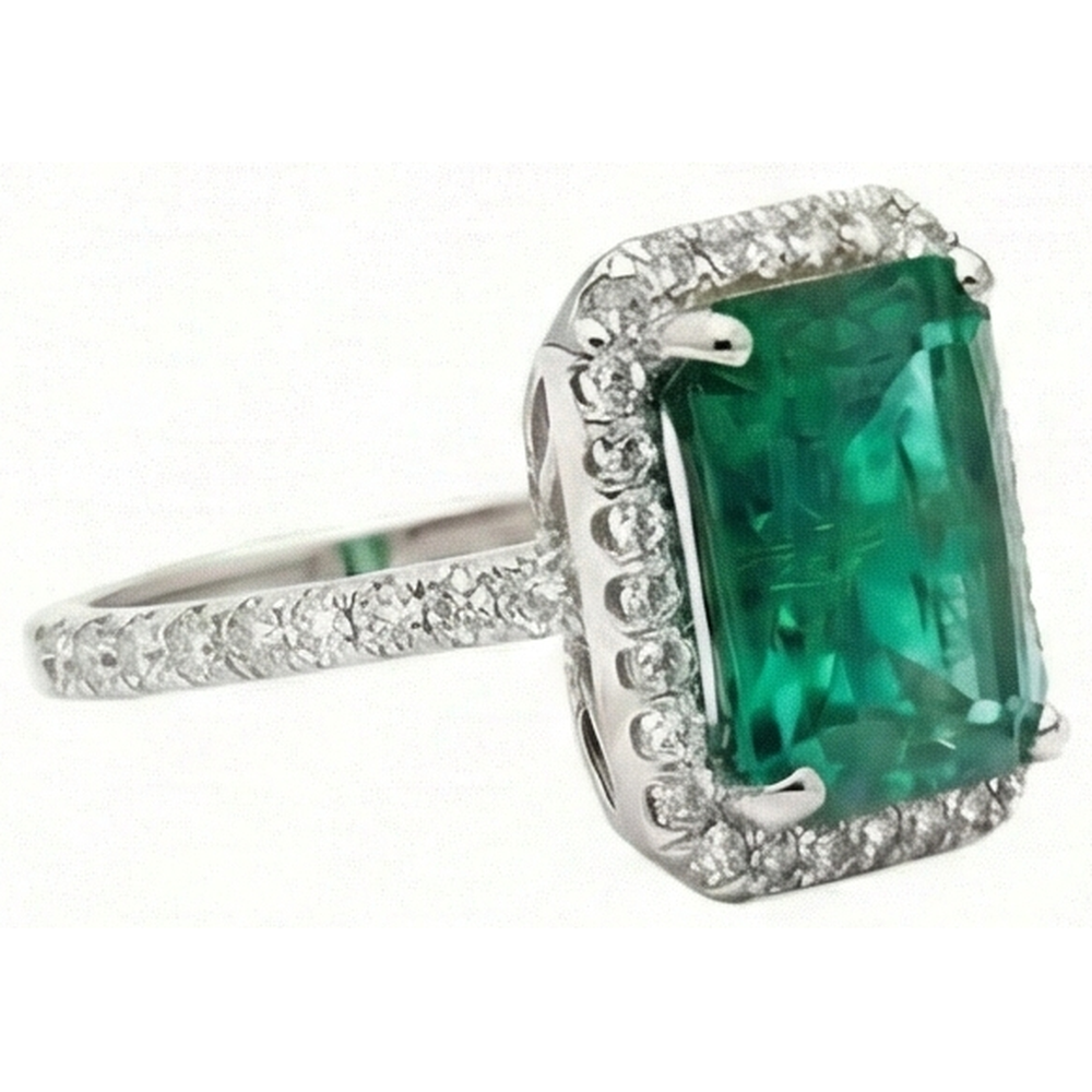 6.50 Carats Emerald Cut Green Emerald With Natural Earth Mined Diamond Wedding Ring