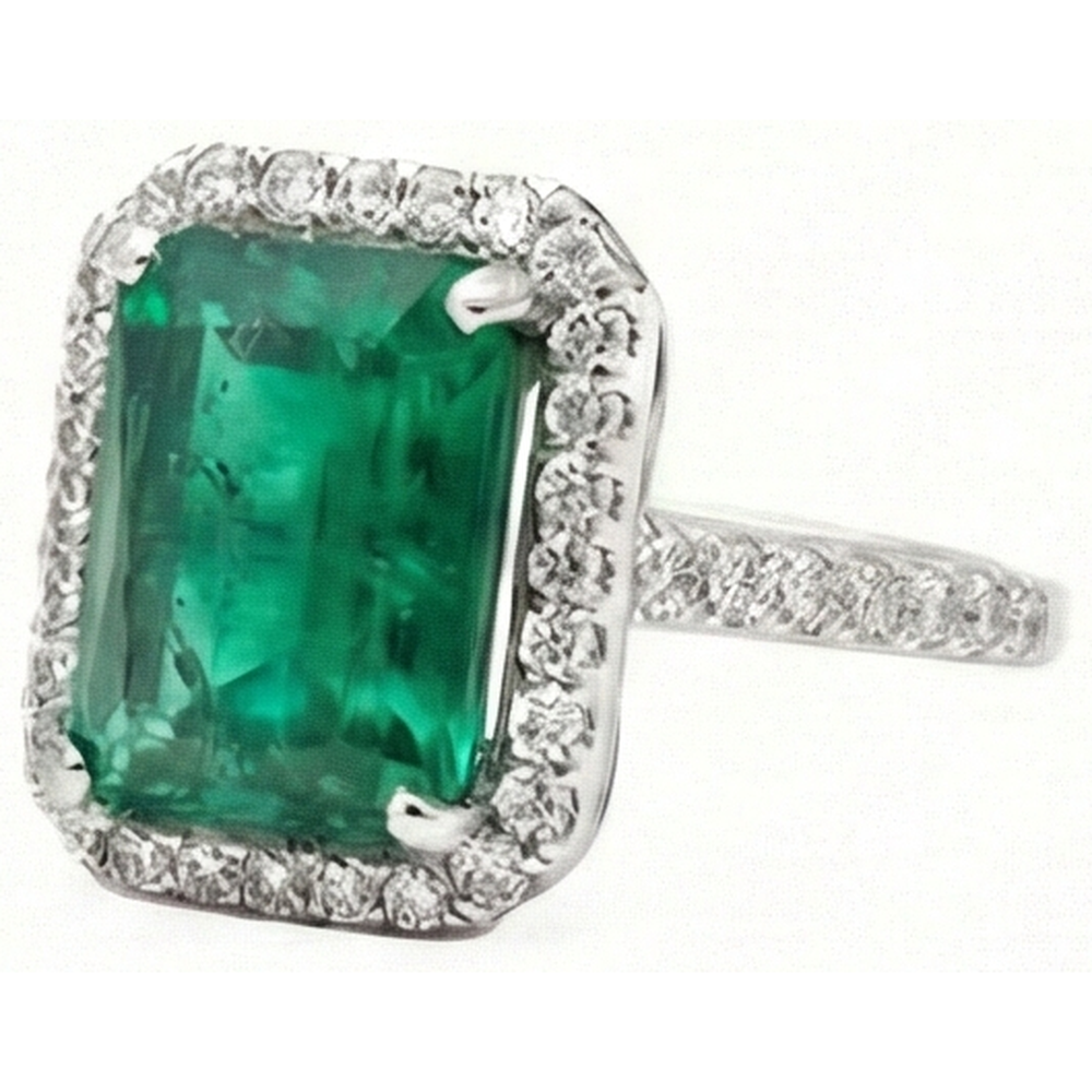6.50 Carats Emerald Cut Green Emerald With Natural Earth Mined Diamond Wedding Ring