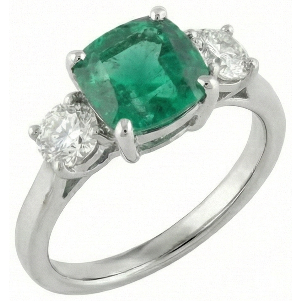 6.50 Carats Green Emerald & Natural Earth Mined Diamond 3 Stone Ring White Gold 14K