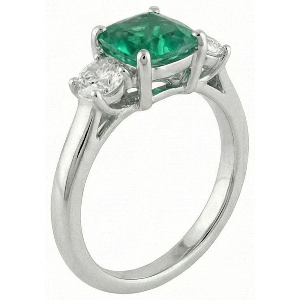 6.50 Carats Green Emerald & Natural Earth Mined Diamond 3 Stone Ring White Gold 14K