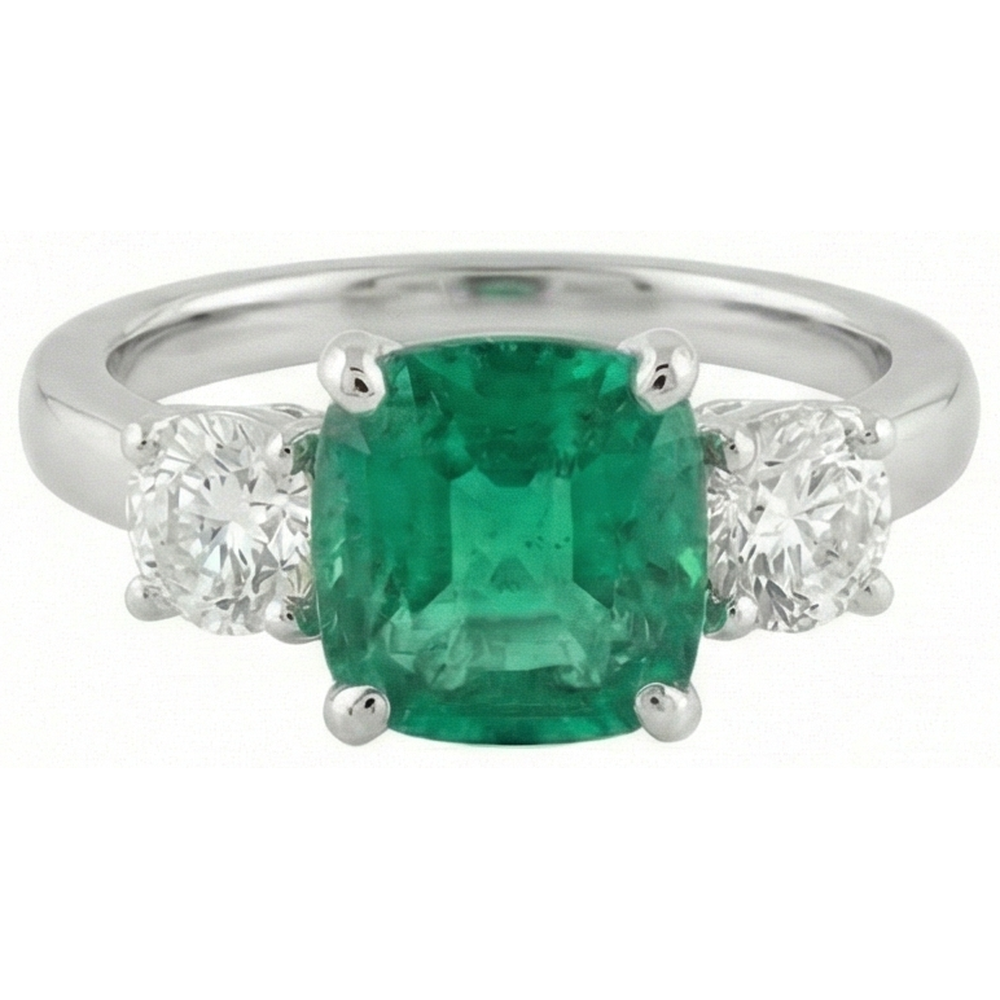 6.50 Carats Green Emerald & Natural Earth Mined Diamond 3 Stone Ring White Gold 14K