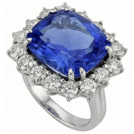 6.51 Ct Ring Sri Lanka Sapphire Cushion And Round Natural Earth Mined Diamonds