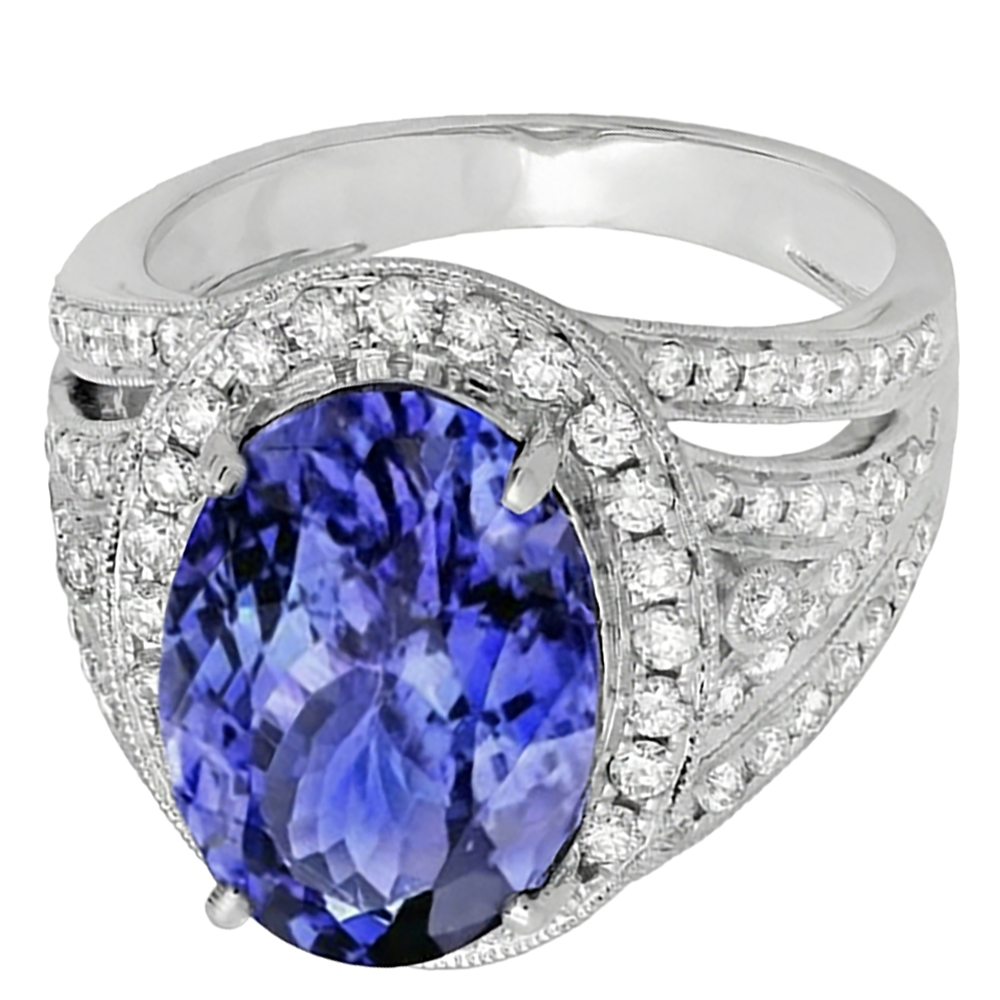 6.55 Carats Centre Oval Tanzanite Fancy Ring White Gold 14K