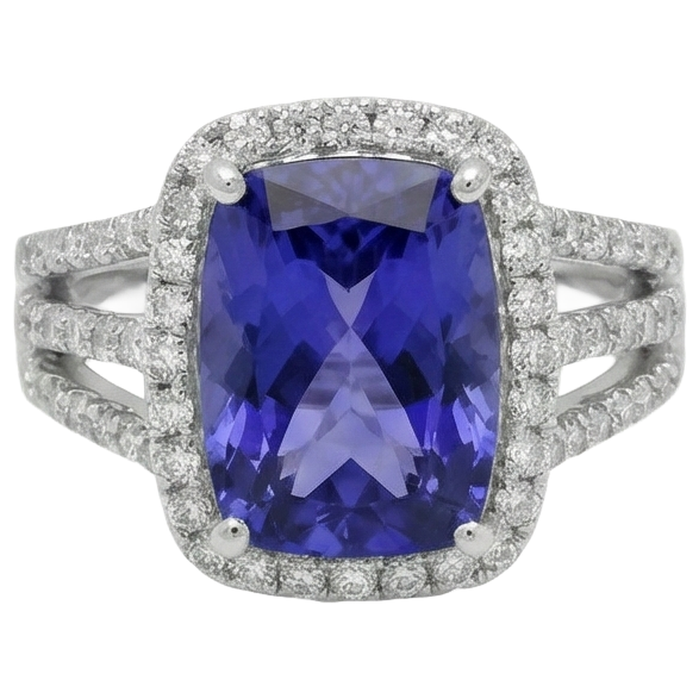 6.55 Carats Fancy Ring Cushion AAA Tanzanite And Natural Earth Mined Diamonds Jewellery